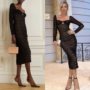 NWT Self-Portrait Power Mesh Long-Sleeve Midi-Dress Black 4